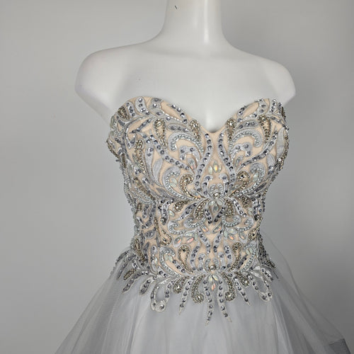Terani Couture Strapless Silver Gray Beaded Tulle Ball Gown -  Size 8