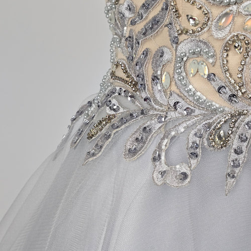 Terani Couture Strapless Silver Gray Beaded Tulle Ball Gown -  Size 8