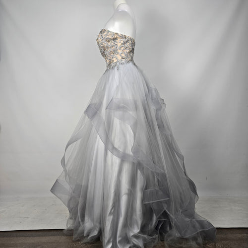 Terani Couture Strapless Silver Gray Beaded Tulle Ball Gown -  Size 8