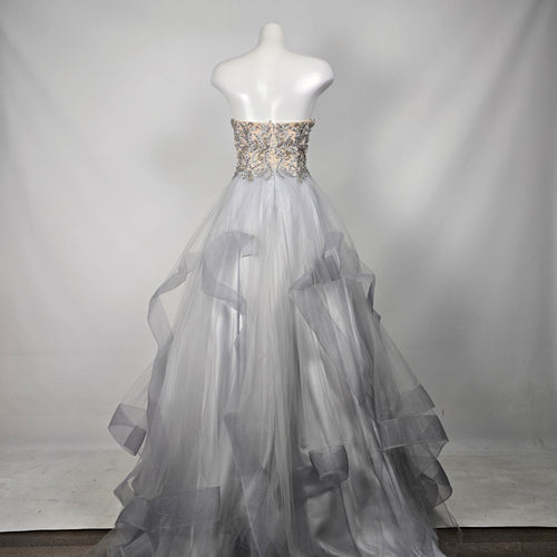 Terani Couture Strapless Silver Gray Beaded Tulle Ball Gown -  Size 8