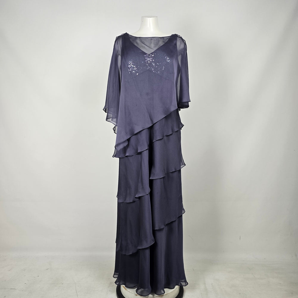 Gray Layered Chiffon Formal Dress Sequin Beaded Cape Evening Gown - Size 16