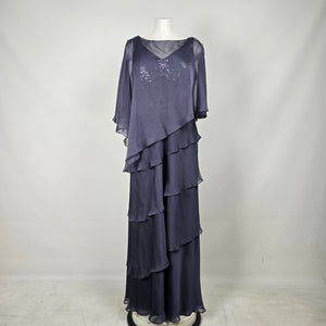Gray Layered Chiffon Formal Dress Sequin Beaded Cape Evening Gown - Size 16