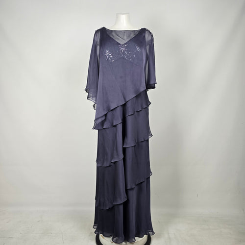 Gray Layered Chiffon Formal Dress Sequin Beaded Cape Evening Gown - Size 16