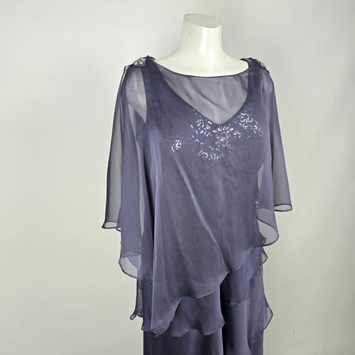Gray Layered Chiffon Formal Dress Sequin Beaded Cape Evening Gown - Size 16