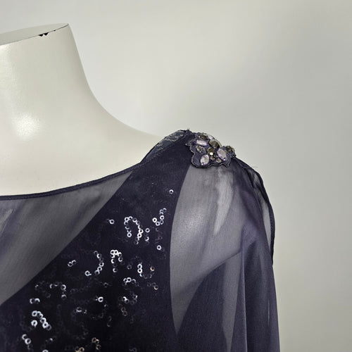 Gray Layered Chiffon Formal Dress Sequin Beaded Cape Evening Gown - Size 16