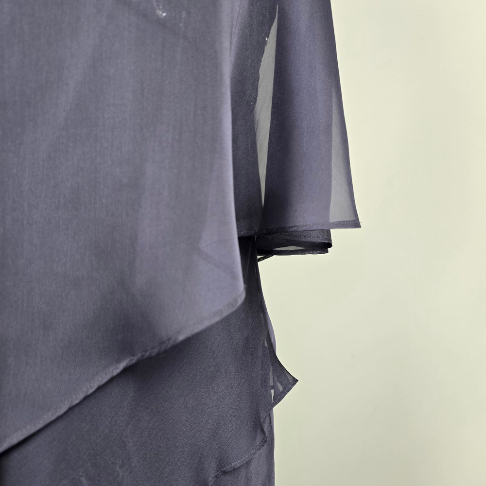 Gray Layered Chiffon Formal Dress Sequin Beaded Cape Evening Gown - Size 16