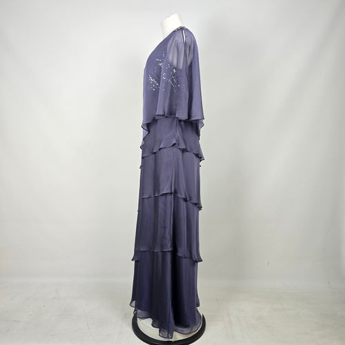Gray Layered Chiffon Formal Dress Sequin Beaded Cape Evening Gown - Size 16