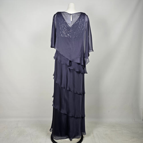 Gray Layered Chiffon Formal Dress Sequin Beaded Cape Evening Gown - Size 16
