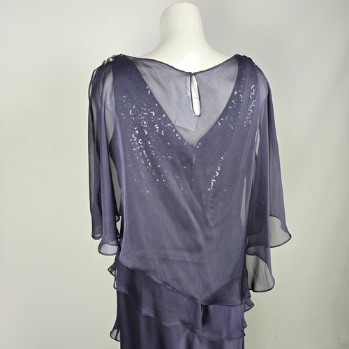 Gray Layered Chiffon Formal Dress Sequin Beaded Cape Evening Gown - Size 16