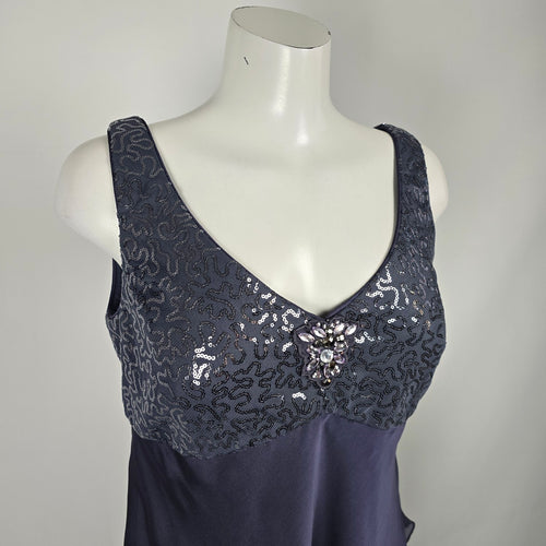 Gray Layered Chiffon Formal Dress Sequin Beaded Cape Evening Gown - Size 16