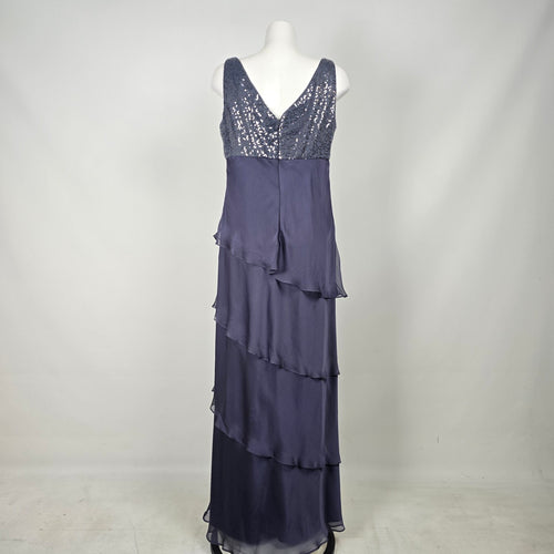 Gray Layered Chiffon Formal Dress Sequin Beaded Cape Evening Gown - Size 16