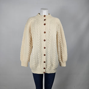 Vintage Hand-Knit Wool Aran Cable Knit Fisherman Cardigan Sweater Ivory - Size M-L