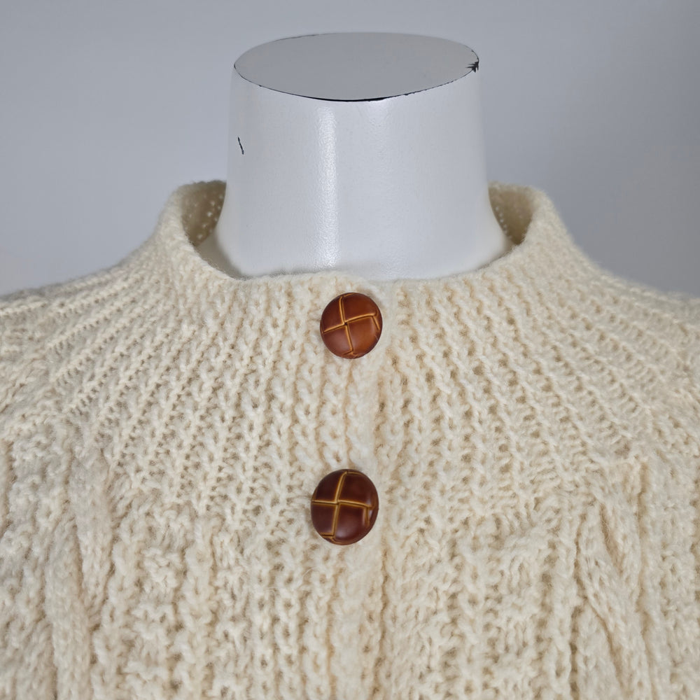 Vintage Hand-Knit Wool Aran Cable Knit Fisherman Cardigan Sweater Ivory - Size M-L
