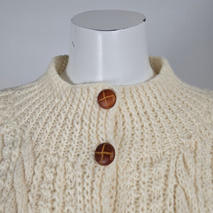 Vintage Hand-Knit Wool Aran Cable Knit Fisherman Cardigan Sweater Ivory - Size M-L