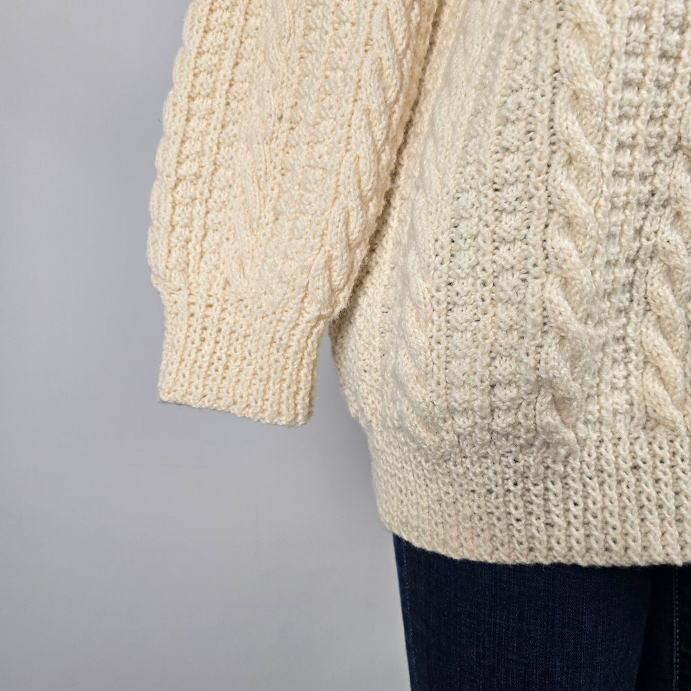 Vintage Hand-Knit Wool Aran Cable Knit Fisherman Cardigan Sweater Ivory - Size M-L
