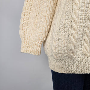 Vintage Hand-Knit Wool Aran Cable Knit Fisherman Cardigan Sweater Ivory - Size M-L