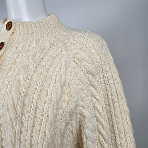 Vintage Hand-Knit Wool Aran Cable Knit Fisherman Cardigan Sweater Ivory - Size M-L