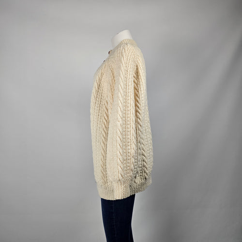 Vintage Hand-Knit Wool Aran Cable Knit Fisherman Cardigan Sweater Ivory - Size M-L