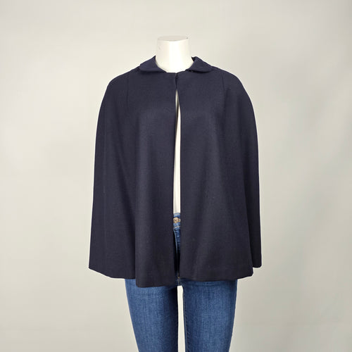 Vintage Handmade Navy Blue Cape Coat Poncho Collared Jacket - One Size