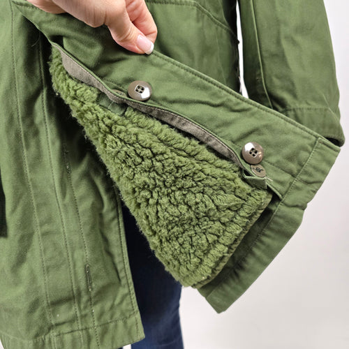 Vintage Olive Green Military Style Shearling Lined Coat