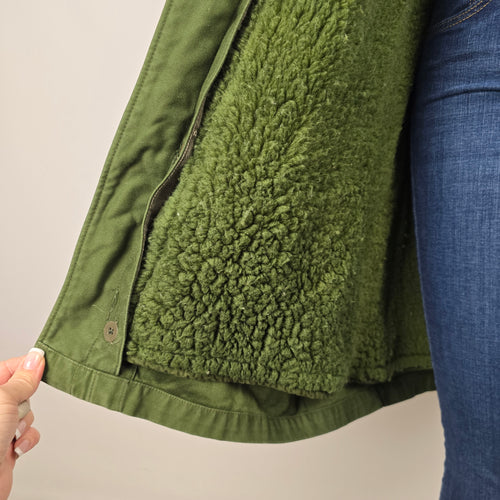 Vintage Olive Green Military Style Shearling Lined Coat