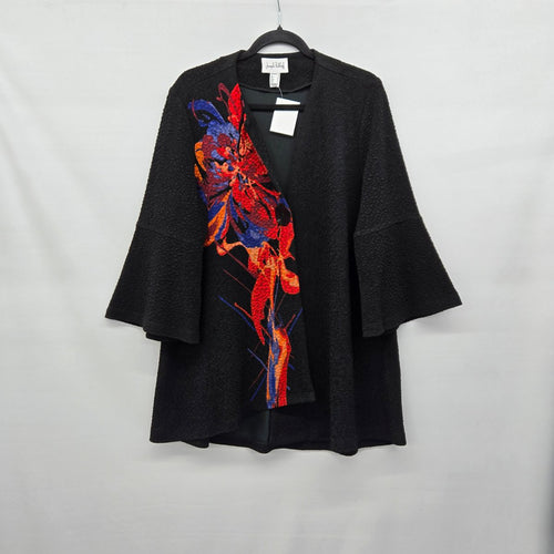 Joseph Ribkoff Embroidered Floral Open Jacket • Black Bell Sleeve Bouclé Cardigan Size 12