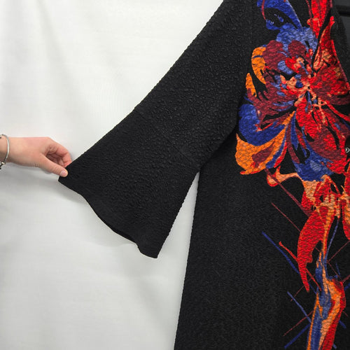 Joseph Ribkoff Embroidered Floral Open Jacket • Black Bell Sleeve Bouclé Cardigan Size 12