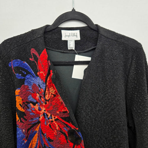 Joseph Ribkoff Embroidered Floral Open Jacket • Black Bell Sleeve Bouclé Cardigan Size 12