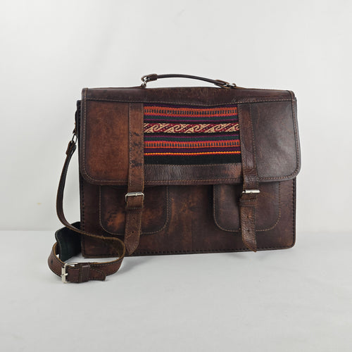 Vintage Brown Leather Woven Textile Panel Briefcase Messenger Bag