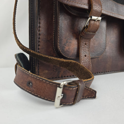 Vintage Brown Leather Woven Textile Panel Briefcase Messenger Bag