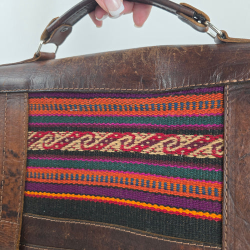 Vintage Brown Leather Woven Textile Panel Briefcase Messenger Bag