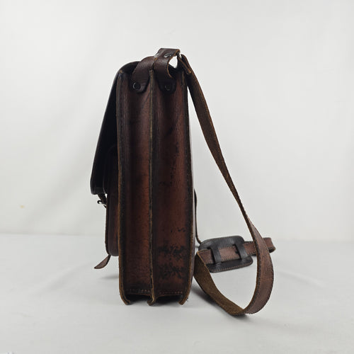 Vintage Brown Leather Woven Textile Panel Briefcase Messenger Bag