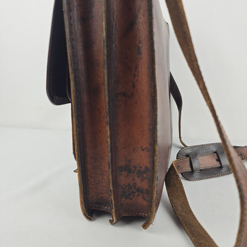 Vintage Brown Leather Woven Textile Panel Briefcase Messenger Bag