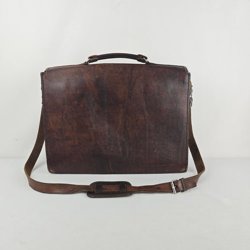 Vintage Brown Leather Woven Textile Panel Briefcase Messenger Bag
