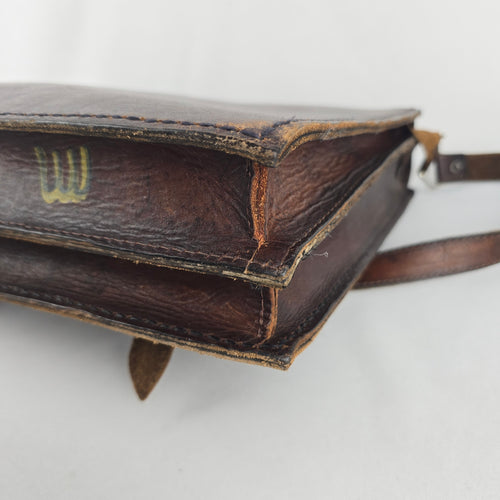 Vintage Brown Leather Woven Textile Panel Briefcase Messenger Bag