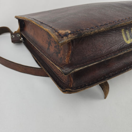 Vintage Brown Leather Woven Textile Panel Briefcase Messenger Bag