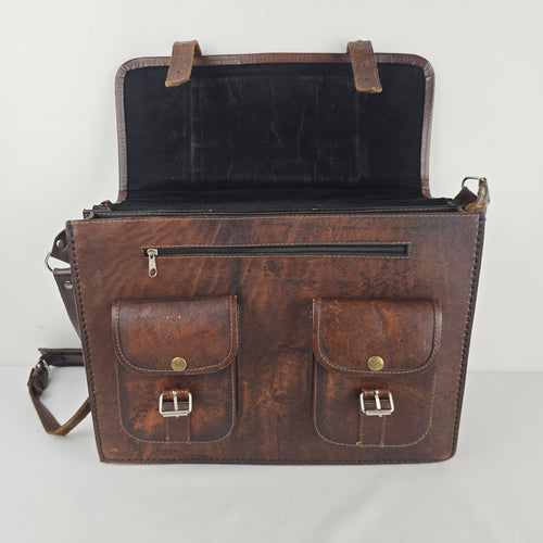 Vintage Brown Leather Woven Textile Panel Briefcase Messenger Bag