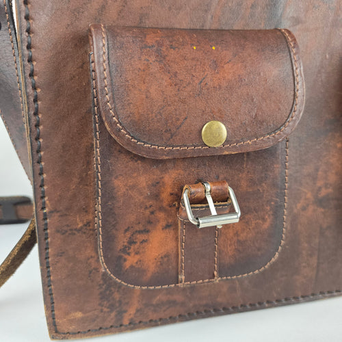 Vintage Brown Leather Woven Textile Panel Briefcase Messenger Bag
