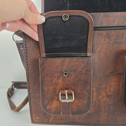 Vintage Brown Leather Woven Textile Panel Briefcase Messenger Bag