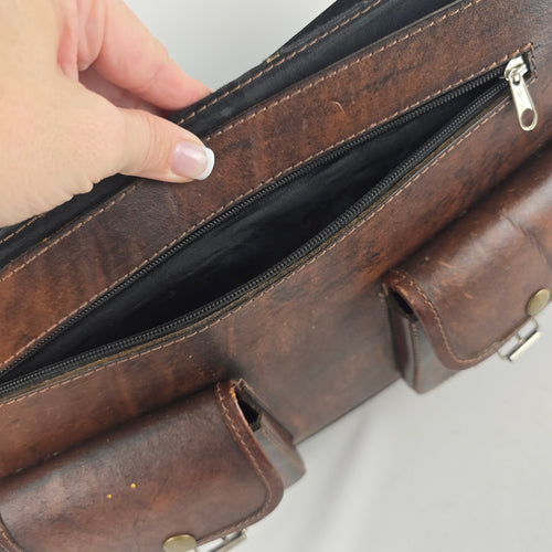 Vintage Brown Leather Woven Textile Panel Briefcase Messenger Bag