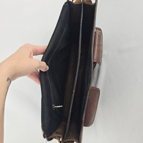 Vintage Brown Leather Woven Textile Panel Briefcase Messenger Bag