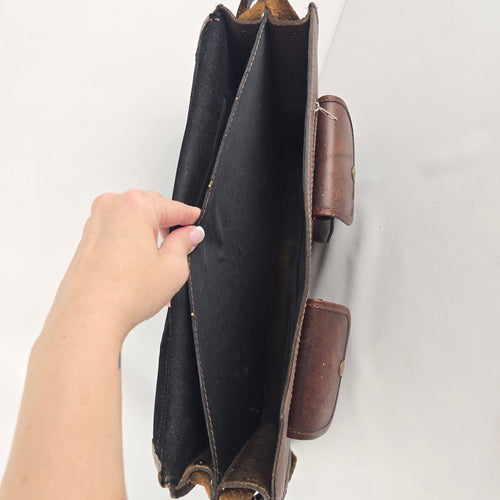 Vintage Brown Leather Woven Textile Panel Briefcase Messenger Bag