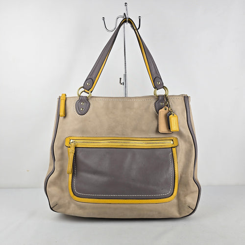 Coach Poppy Hallie Colorblock Leather Tote Bag Beige Grey Yellow 22430