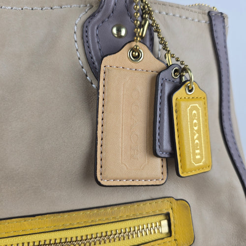 Coach Poppy Hallie Colorblock Leather Tote Bag Beige Grey Yellow 22430