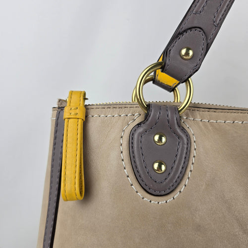 Coach Poppy Hallie Colorblock Leather Tote Bag Beige Grey Yellow 22430