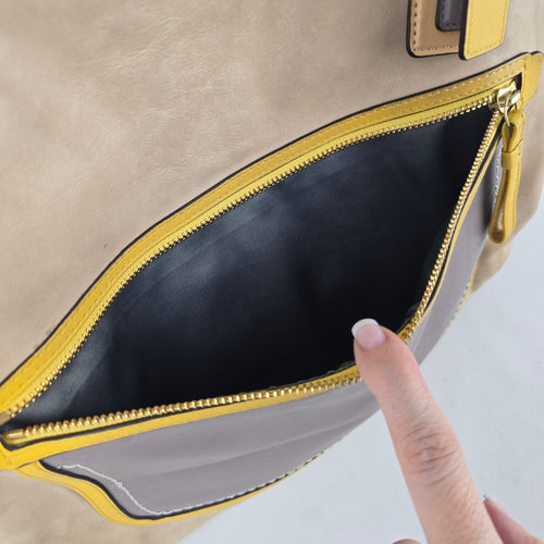Coach Poppy Hallie Colorblock Leather Tote Bag Beige Grey Yellow 22430