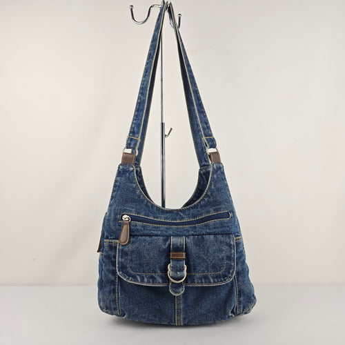 Vintage Blue Denim Multi-Pocket Hobo Shoulder Bag