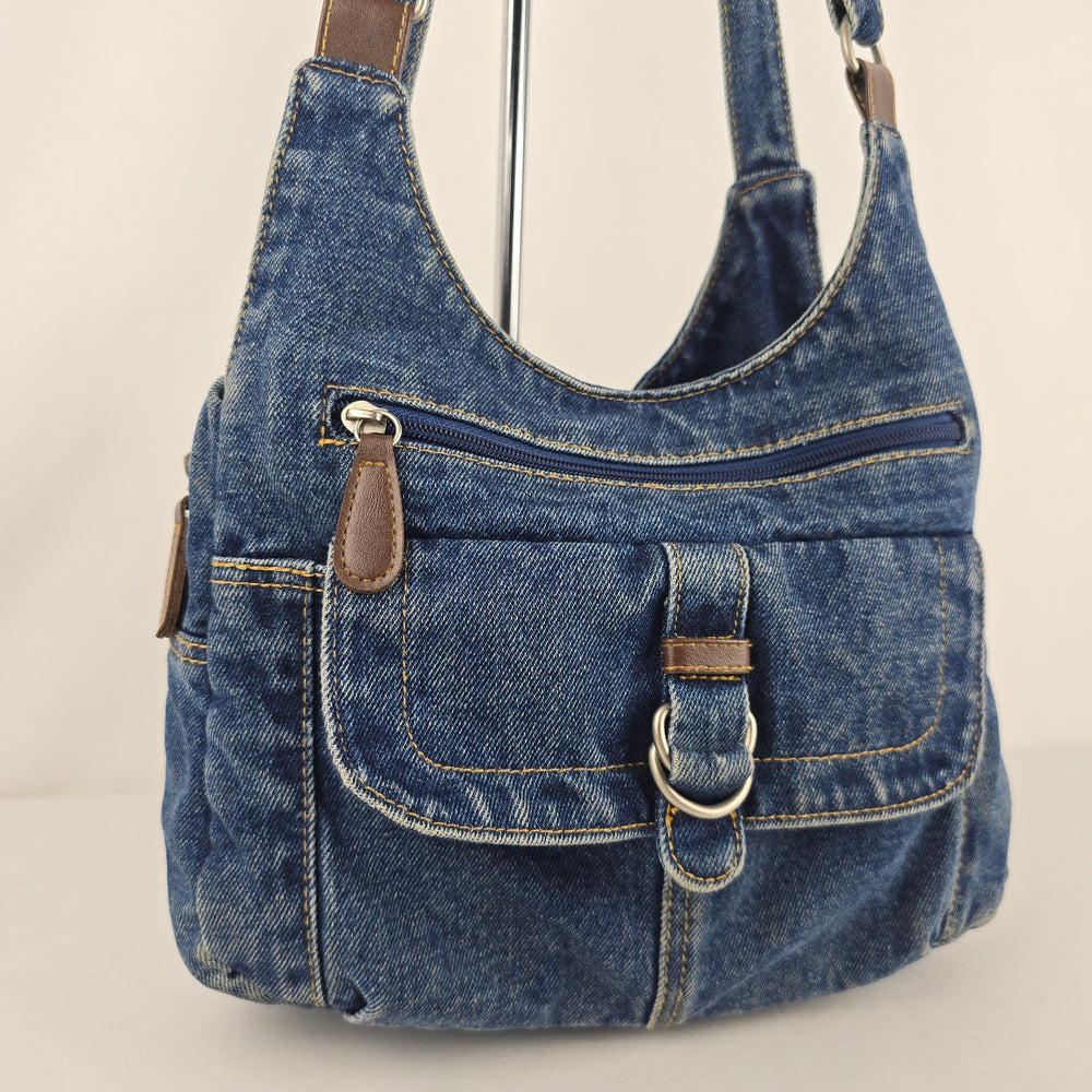 Vintage Blue Denim Multi-Pocket Hobo Shoulder Bag