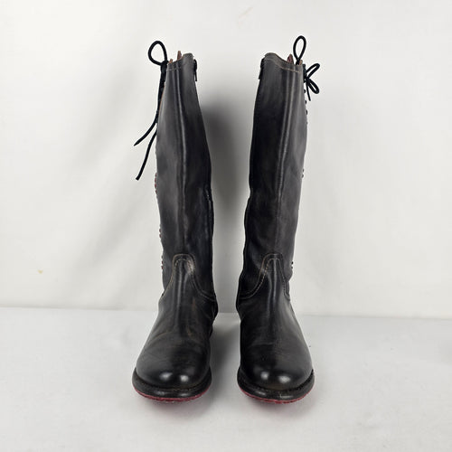 BED|STU Manchester Black Leather Knee-High Riding Boots Lace-Up Back Sz 7.5