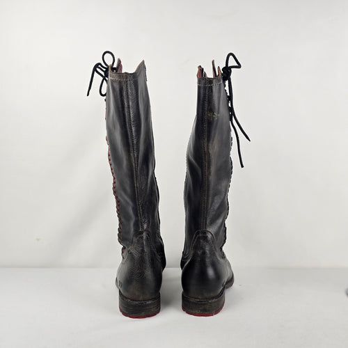 BED|STU Manchester Black Leather Knee-High Riding Boots Lace-Up Back Sz 7.5